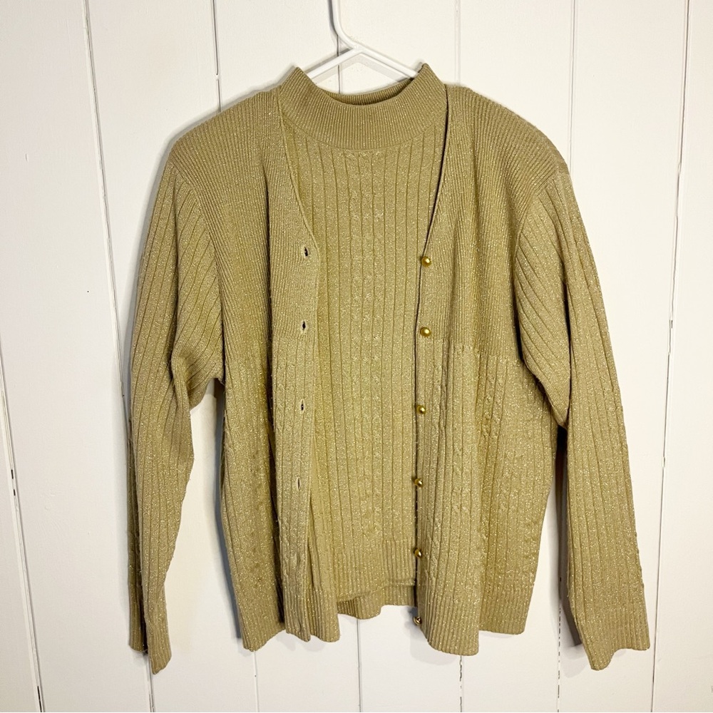 Vintage FairSet Petite Collection Metallic Gold Knit Top and Cardigan Set.